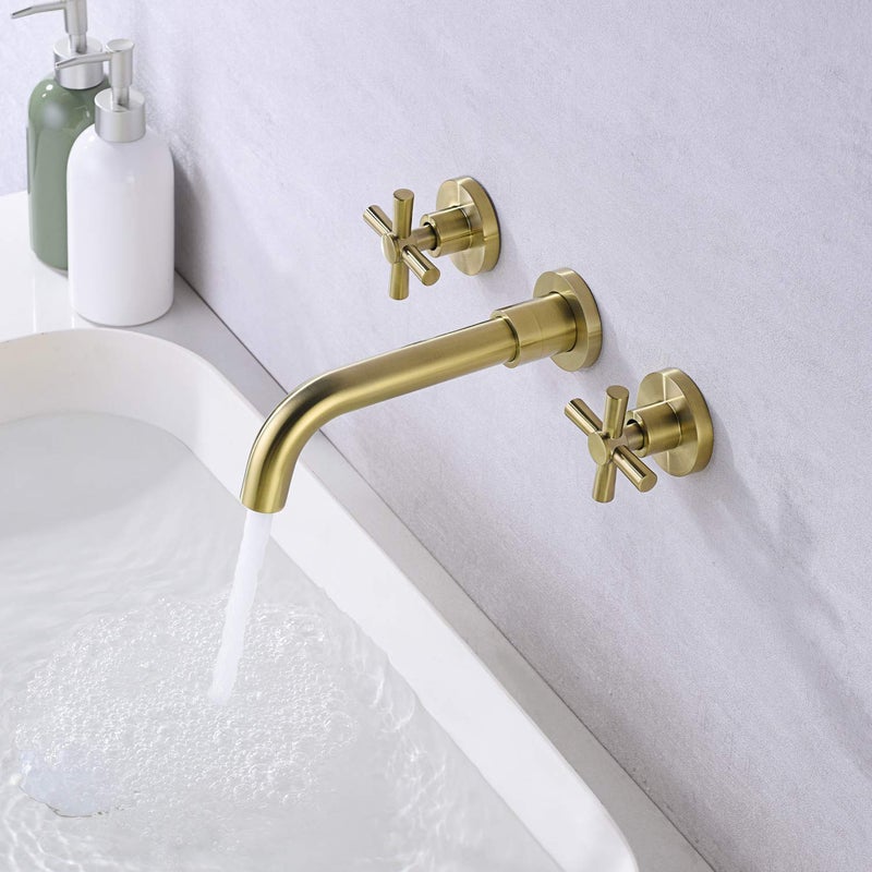 sumerain Brushed Brass Wall Mount Bathroom Faucet Two Cross Handles and Rough-in Valve Included,SUMERAIN - Image 3